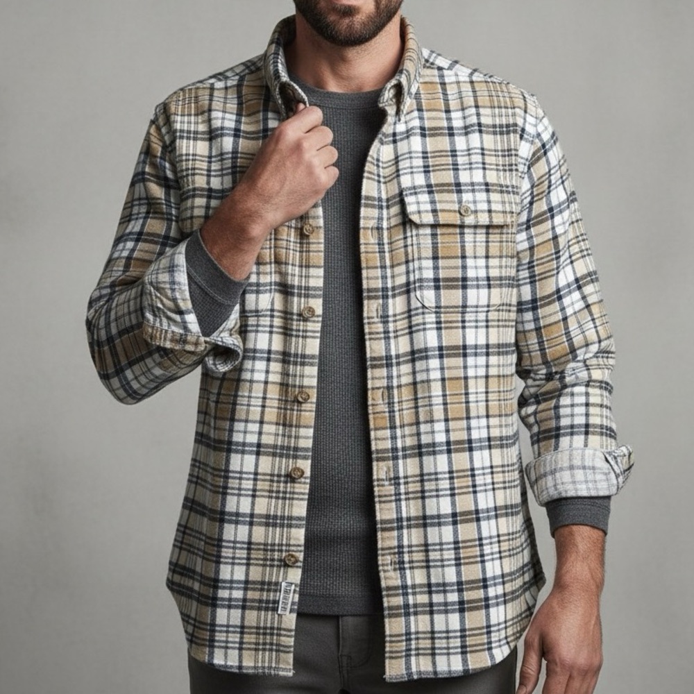 Heavyweight Plaid Flannel Ridgecut‎ Toughwear Tan White Gray Shirt L Large